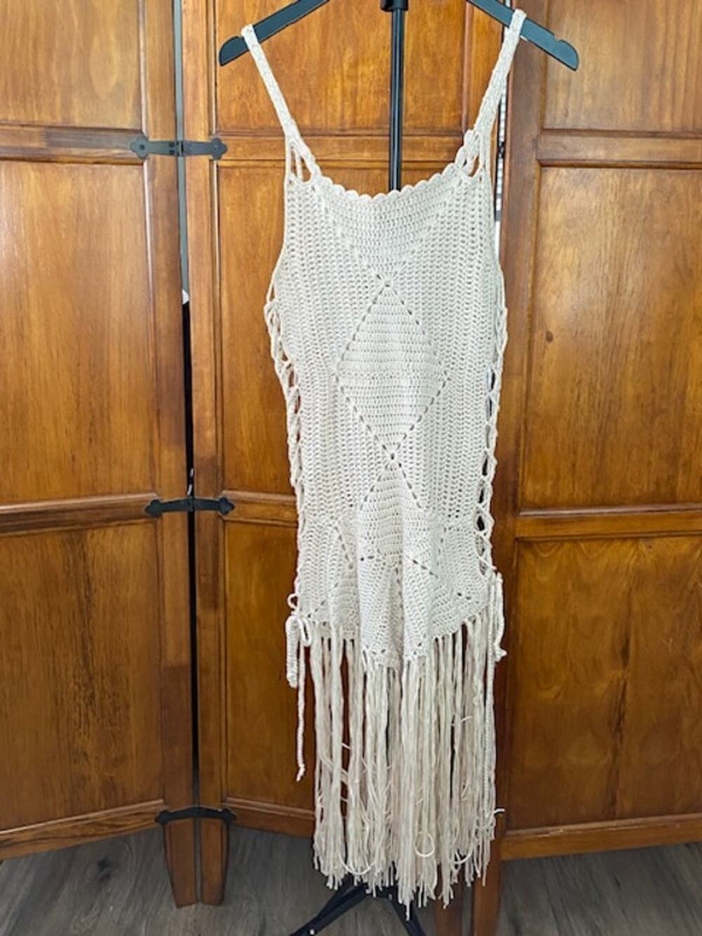 Hera Collection Crochet Fringe Swim Cover Up Dress Beige Boho Festival Size M